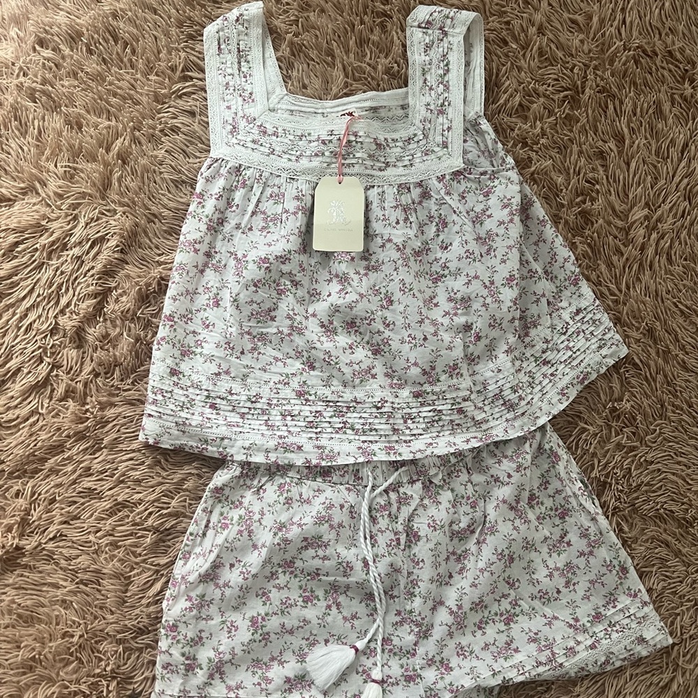 Pink and White Floral Pajama Set with Square Neckline